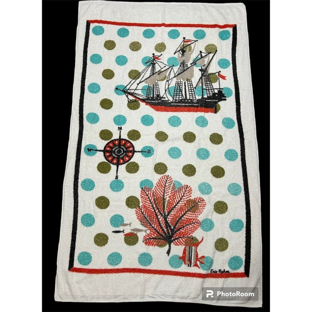 Royal Terry Of California Towel‎ Mod Nautical Ship Dot Vtg 60s Sz 59.5"x36" MCM